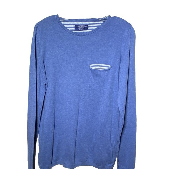 Pull & Bear Blue Mens Size Small Long Sleeve 100% Cotton Sweater Stripe Contrast - Picture 1 of 10